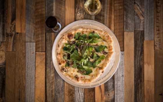 Overhead view of pizza on table